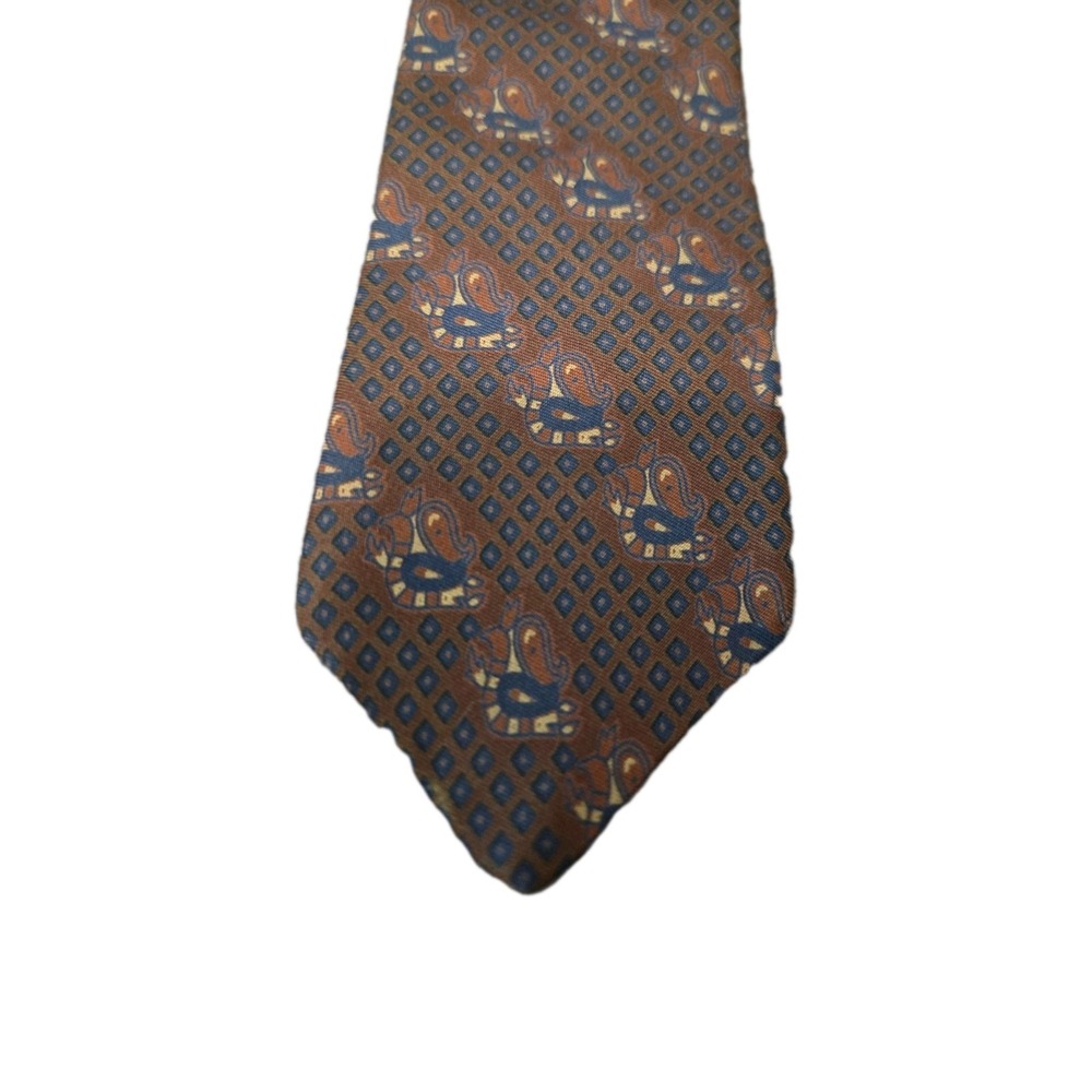 Vintage Yves‎ Saint Laurent All Silk Tie Brown Geometric Novelty Bird Pattern...